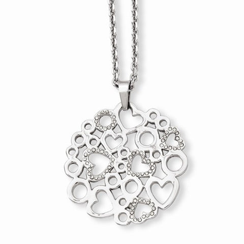 Stainless Steel Polished & CZ Hearts Pendant On Necklace