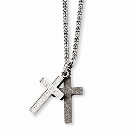 Stainless Steel Laser-Cut & CZ Crosses Pendant On Necklace