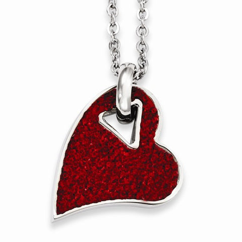 Stainless Steel Red Crystal Heart Pendant On Necklace