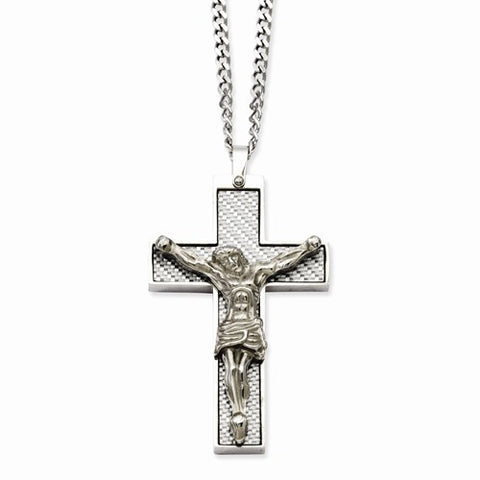 Stainless Steel Grey Carbon Fiber Crucifix Pendant On Necklace