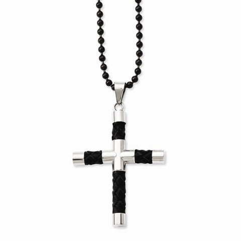 Stainless Steel Black Leather & Polished Cross Necklace