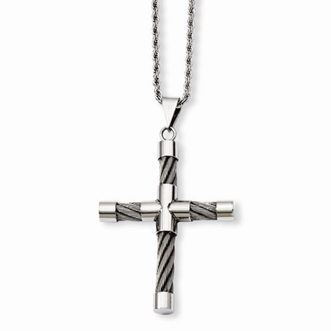 Stainless Steel Polished & Wire Cross Pendant On Necklace