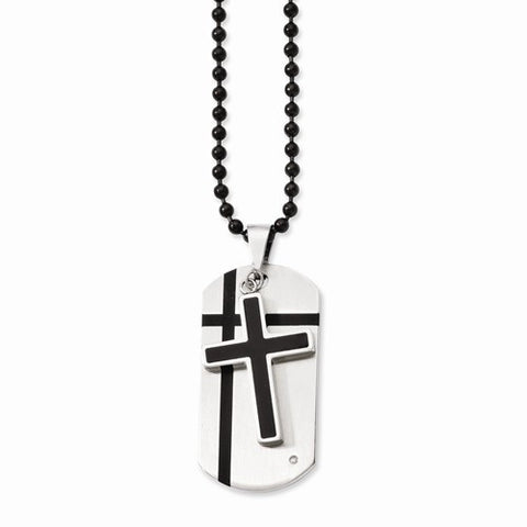 Stainless Steel Black Enamel Cross & Dog Tag CZ Necklace