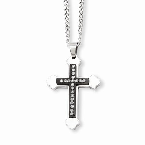 Stainless Steel Ip Black-Plated & CZs Cross Pendant On Necklace