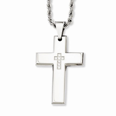 Stainless Steel Cross CZs Pendant On Necklace