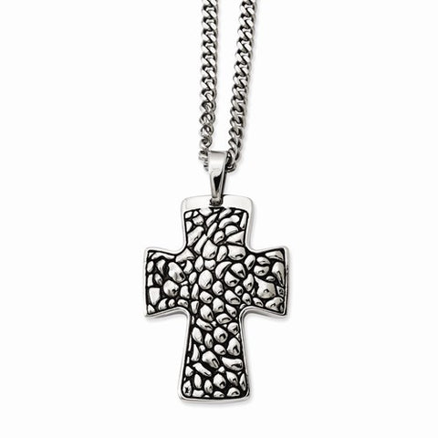 Stainless Steel Black Enamel Pebble Textured Cross Pendant On Necklace