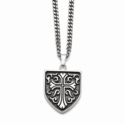 Stainless Steel Antiqued Cross Shield Pendant On Necklace