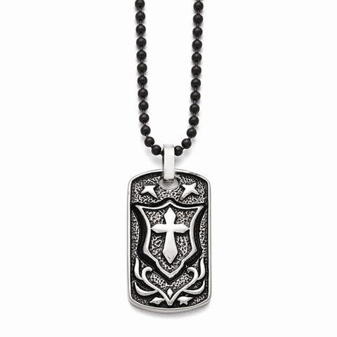 Stainless Steel Antiqued Cross Dog Tag Pendant On Necklace