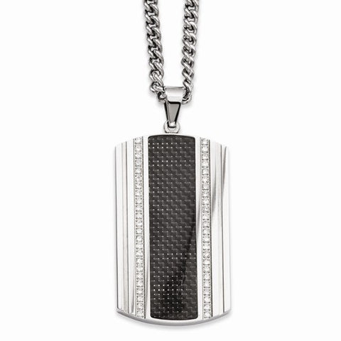 Stainless Steel Black Carbon Fiber & CZ Dog Tag Necklace