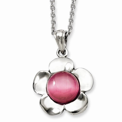 Stainless Steel Flower Pink Cat'S Eye Pendant On Necklace