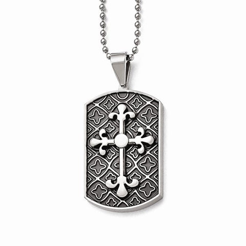 Stainless Steel Black Enamel & Cross Dog Tag Pendant On Necklace