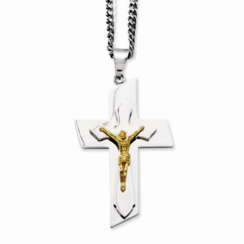 Stainless Steel Polished & Gold Ip-Plated Crucifix Necklace