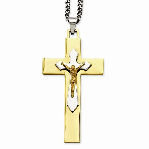 Stainless Steel Gold Ip-Plated Crucifix Pendant On Necklace