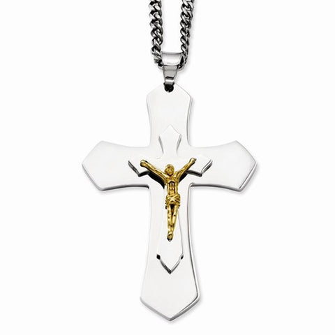 Stainless Steel Polished & Gold Ip-Plated Crucifix Necklace