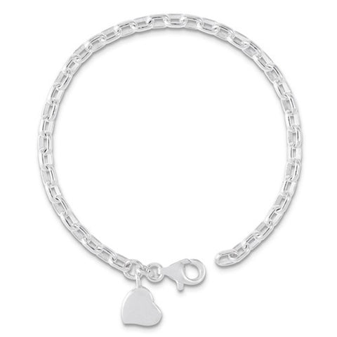 Sterling Silver Oval Link Bracelet with A Heart Dangle Link-Bracelet