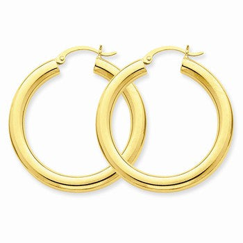 10k Yellow Gold Polished 4mm x 35mm Tube Hoop Earrings