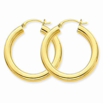 10k Yellow Gold Polished 4mm x 30mm Tube Hoop Earrings