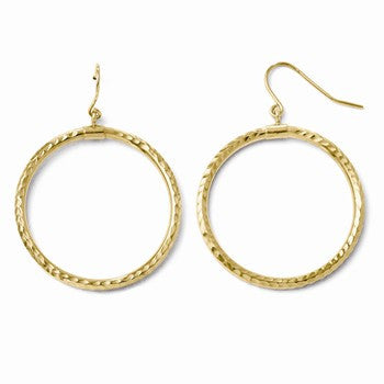 10k Yellow Gold Textured Shepherd Hook Dangle Hoop Earrings