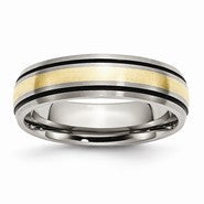 Titanium Grooved with 14k Yellow Inlay 6mm Brushed and Antiqued Wedding Band