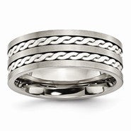 Titanium with Sterling Silver Inlay 8mm Brushed and Antiqued Wedding Band