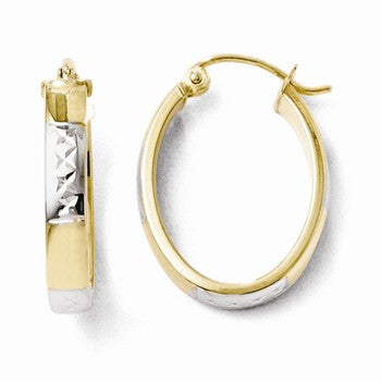 10k Yellow Gold w/Rhodium Polished & Diamond-cut Hinged Earrings