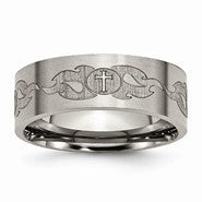 Titanium Flat 8mm Laser Design Brushed Wedding Band