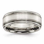 Titanium Grooved Edge Sterling Silver Inlay 8mm Polished & Brushed Wedding Band