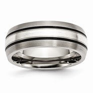 Titanium Grooved with Sterling Silver Inlay 8mm Brushed/Antiqued Wedding Band