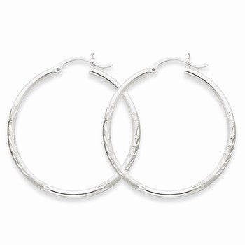 14k White Gold Satin Diamond-cut 2mm Round Hoop Earrings