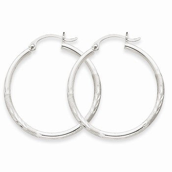 14k White Gold Satin Diamond-cut 2mm Round Hoop Earrings