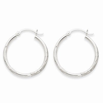 14k White Gold Satin Diamond-cut 2mm Round Hoop Earrings