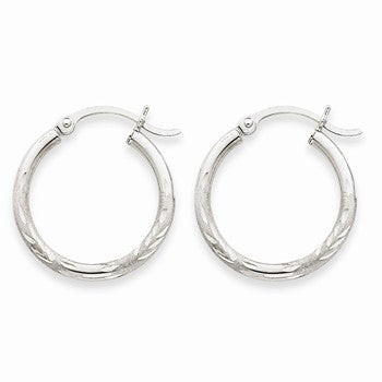 14k White Gold Satin Diamond-cut 2mm Round Hoop Earrings