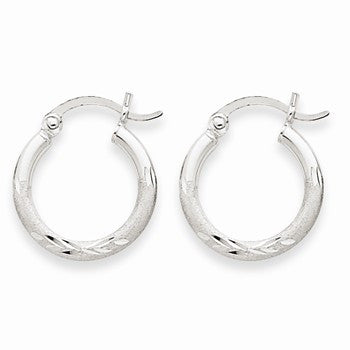 14k White Gold Satin Diamond-cut 2mm Round Hoop Earrings