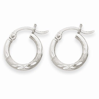 14k White Gold Satin Diamond-cut 2mm Round Hoop Earrings