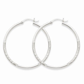 14k White Gold Satin Diamond-cut 2mm Round Hoop Earrings