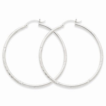 14k White Gold Satin Diamond-cut 2mm Round Hoop Earrings