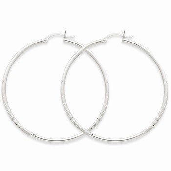 14k White Gold Satin Diamond-cut 2mm Round Hoop Earrings