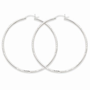 14k White Gold Satin Diamond-cut 2mm Round Hoop Earrings