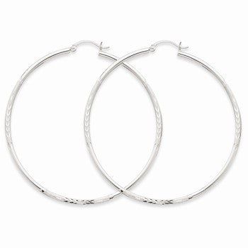 14k White Gold Satin Diamond-cut 2mm Round Hoop Earrings