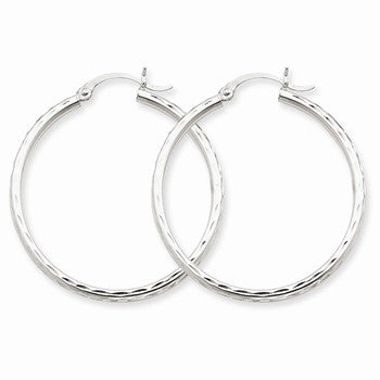 14k White Gold Diamond-cut 2mm Round Tube Hoop Earrings