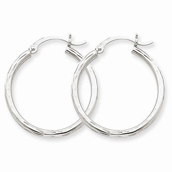 14k White Gold Diamond-cut 2mm Round Tube Hoop Earrings