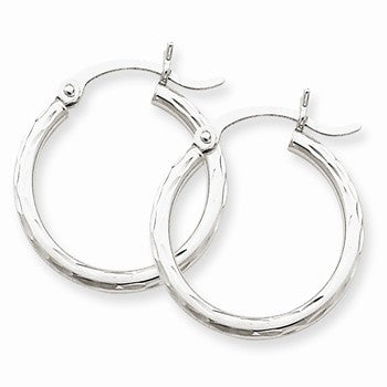 14k White Gold Diamond-cut 2mm Round Tube Hoop Earrings