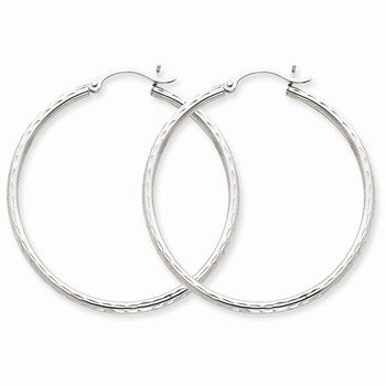 14k White Gold Diamond-cut 2mm Round Tube Hoop Earrings