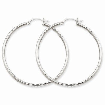 14k White Gold Diamond-cut 2mm Round Tube Hoop Earrings