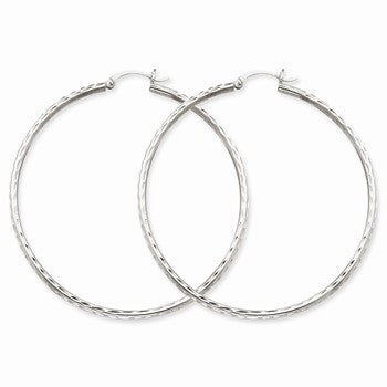 14k White Gold Diamond-cut 2mm Round Tube Hoop Earrings