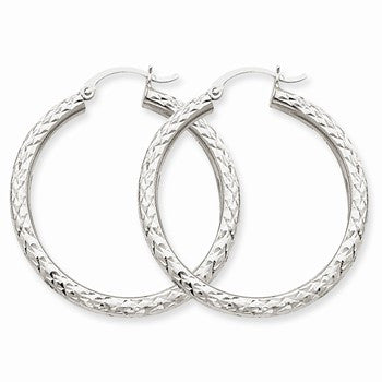 14k White Gold Diamond-cut 3mm Round Hoop Earrings