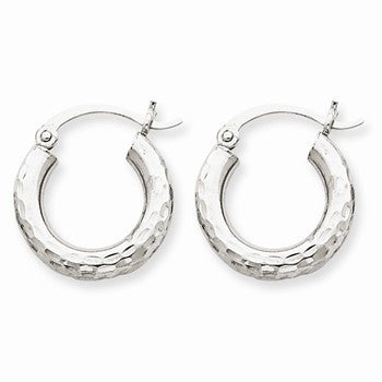 14k White Gold Diamond-cut 3mm Round Hoop Earrings