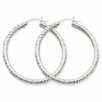 14k White Gold Diamond-cut 3mm Round Hoop Earrings