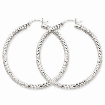 14k White Gold Diamond-cut 3mm Round Hoop Earrings