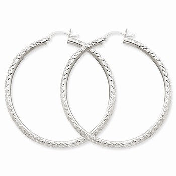 14k White Gold Diamond-cut 3mm Round Hoop Earrings